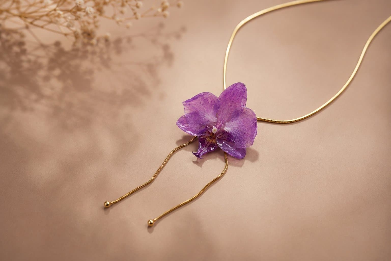 Colgante de orquídea morada preservada, una de las piezas creadas en nuestros talleres